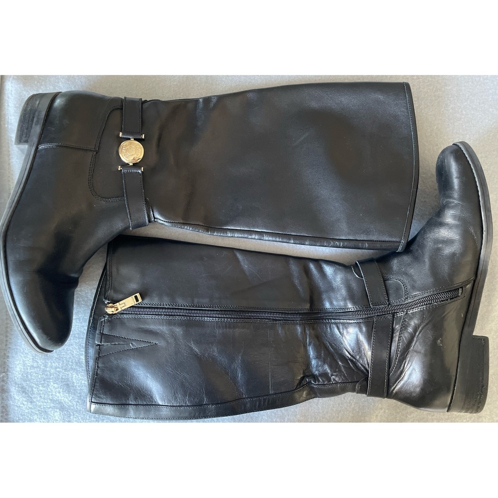 9M TOMMY HILFIGER Women's Dewberry Black Leather Riding Boot Gold Detail - Picture 3 of 13